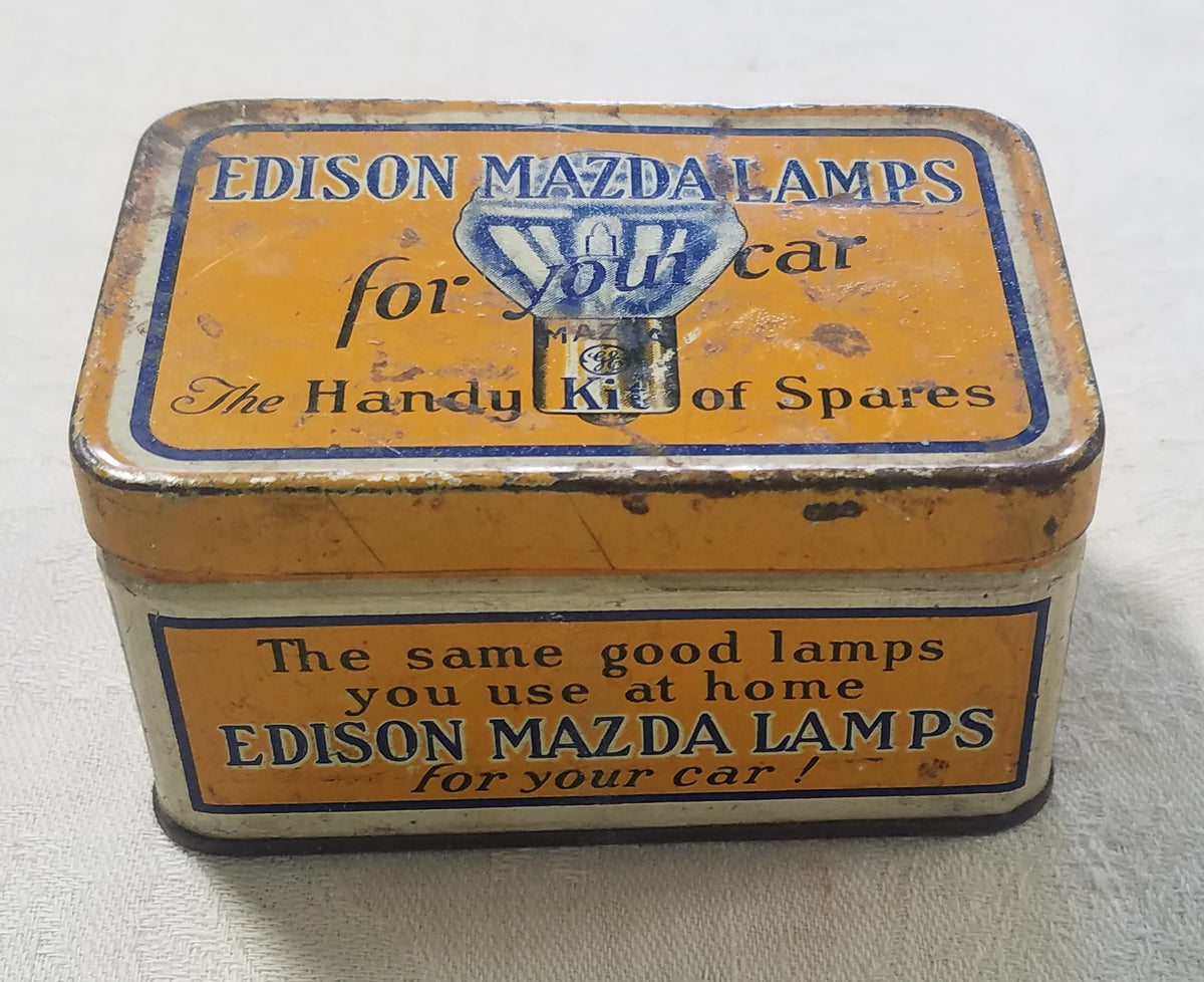 ANTIQUE 1930'S EDISON GE MAZDA LAMP TIN WITH 1 CAR-AUTO LIGHT BULB-SPARE  KIT!