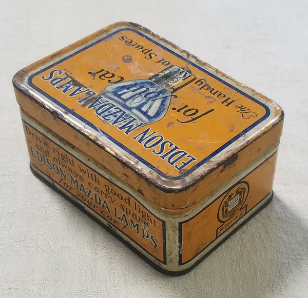 ANTIQUE 1930'S EDISON GE MAZDA LAMP TIN WITH 1 CAR-AUTO LIGHT BULB-SPARE KIT!