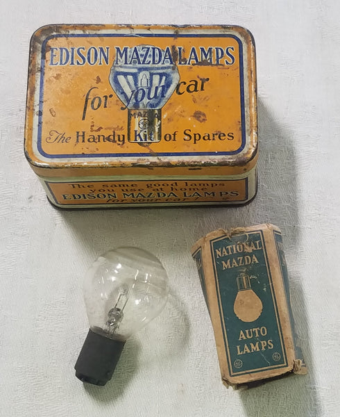ANTIQUE 1930'S EDISON GE MAZDA LAMP TIN WITH 1 CAR-AUTO LIGHT BULB-SPARE KIT!