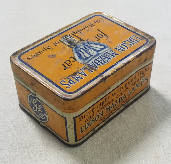 ANTIQUE 1930'S EDISON GE MAZDA LAMP TIN WITH 1 CAR-AUTO LIGHT BULB-SPARE KIT!