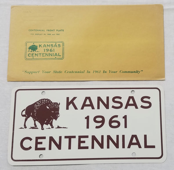 VINTAGE 1961 KANSAS CENTENNIAL LICENSE PLATE-BUFFALO-NEW OLD STOCK W/MAILING ENVELOPE!