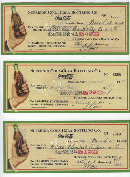 VINTAGE 1950'S COCA COLA BOTTLING CO-COKE-CANCELLED BANK CHECKS-NEBRASKA!