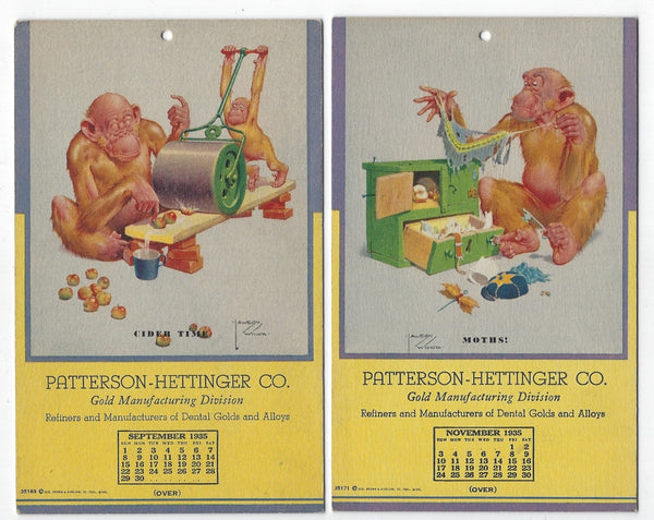 SET OF 2 VINTAGE 1935 ADVERTISING CALENDAR CARDS--LAWSON WOOD MONKEY-CHIMP CARTOON ART!