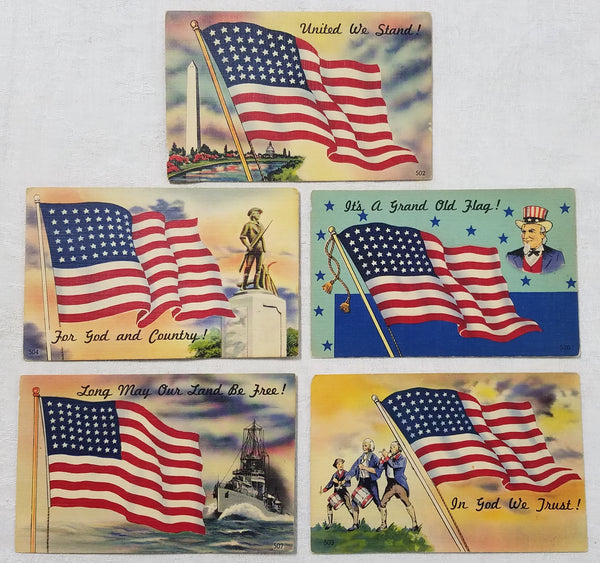 SET OF 5 VINTAGE 1940'S UNUSED LINEN PATRIOTIC USA POSTCARDS--FLAG SERIES--AMERICANA!