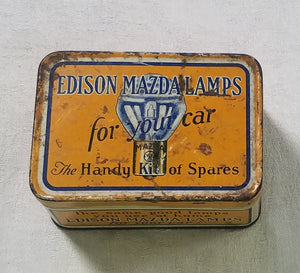 ANTIQUE 1930'S EDISON GE MAZDA LAMP TIN WITH 1 CAR-AUTO LIGHT BULB-SPARE KIT!