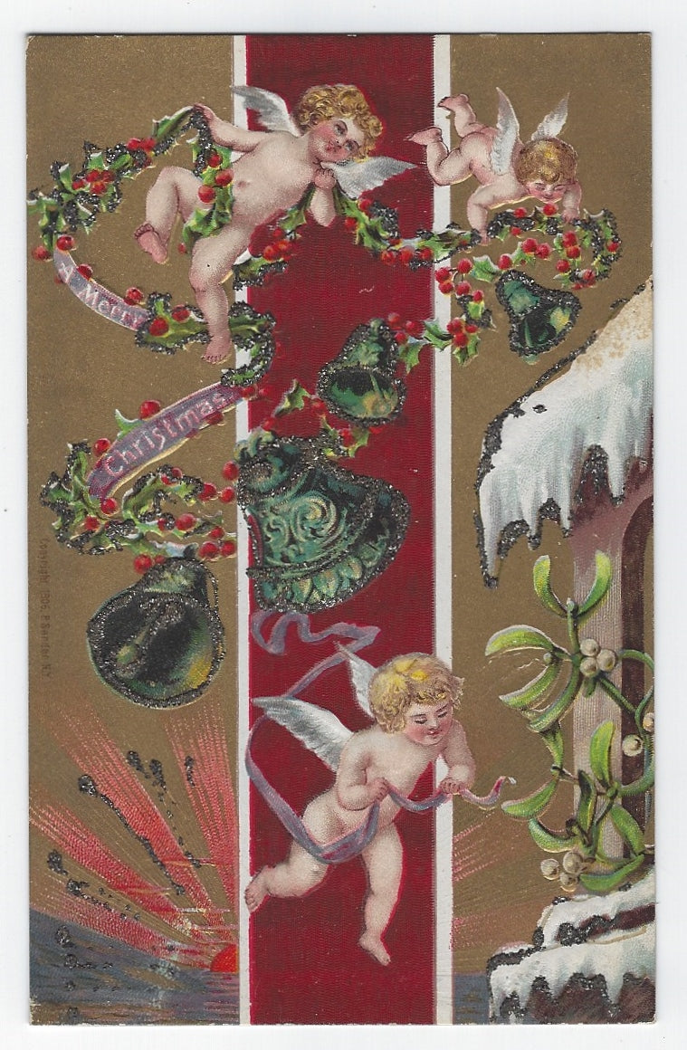 ANTIQUE 1900'S MERRY CHRISTMAS EMBOSSED POSTCARD WITH CHERUBS DECORATING!