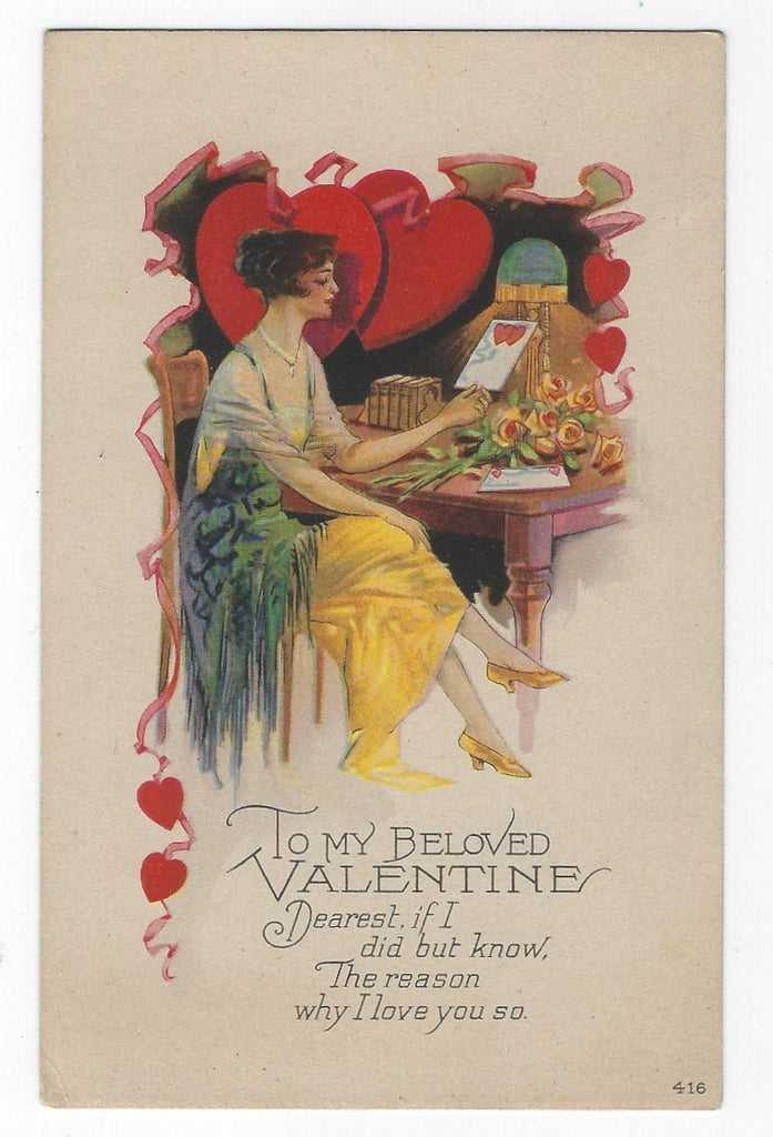 ANTIQUE 1910'S TO MY BELOVED VALENTINE POSTCARD-ART DECO LADY AT