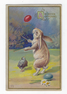 VINTAGE 1914 EASTER POSTCARD WITH BUNNY RABBIT-COLORED EGG TOSS GAME-DIABLO!