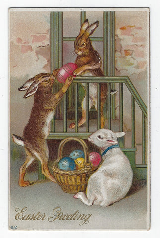 VINTAGE 1911 EASTER GREETING POSTCARD-BUNNY RABBITS WITH EGGS & LAMB-EMBOSSED!