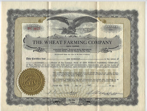 VINTAGE 1930 THE WHEAT FARMING COMPANY STOCK CERTIFICATE--HAYS KANSAS