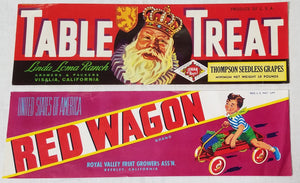 SET OF 2 VINTAGE FRUIT CRATE PAPER LABELS-RED WAGON-KING TABLE TREAT-CALIFORNIA!