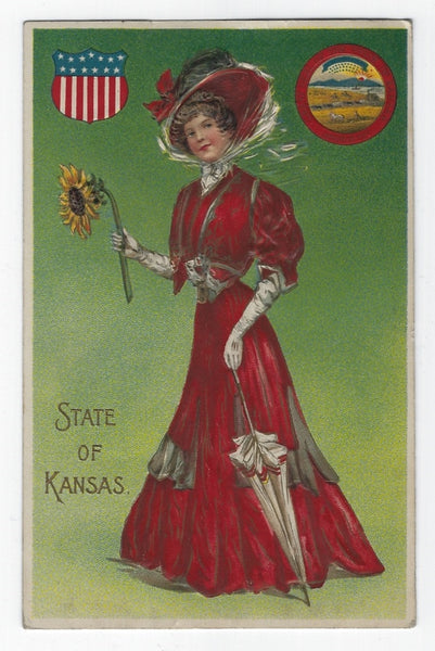 VINTAGE 1910 STATE OF KANSAS POSTCARD-LADY WITH SUNFLOWER-GERMANY-EMBOSSED!