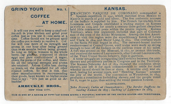 1892 ARBUCKLE COFFEE ADVERTISING TRADE CARD--KANSAS #1--UNITED STATES & TERRITORIES SERIES!