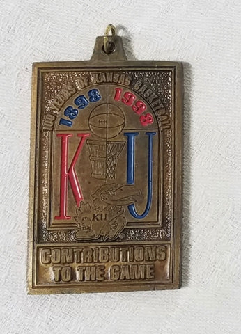 100 YEARS OF KANSAS BASKETBALL BRASS KEYCHAIN FOB-KU JAYHAWK-1998!