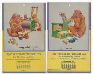 SET OF 2 VINTAGE 1935 ADVERTISING CALENDAR CARDS--LAWSON WOOD MONKEY-CHIMP CARTOON ART!