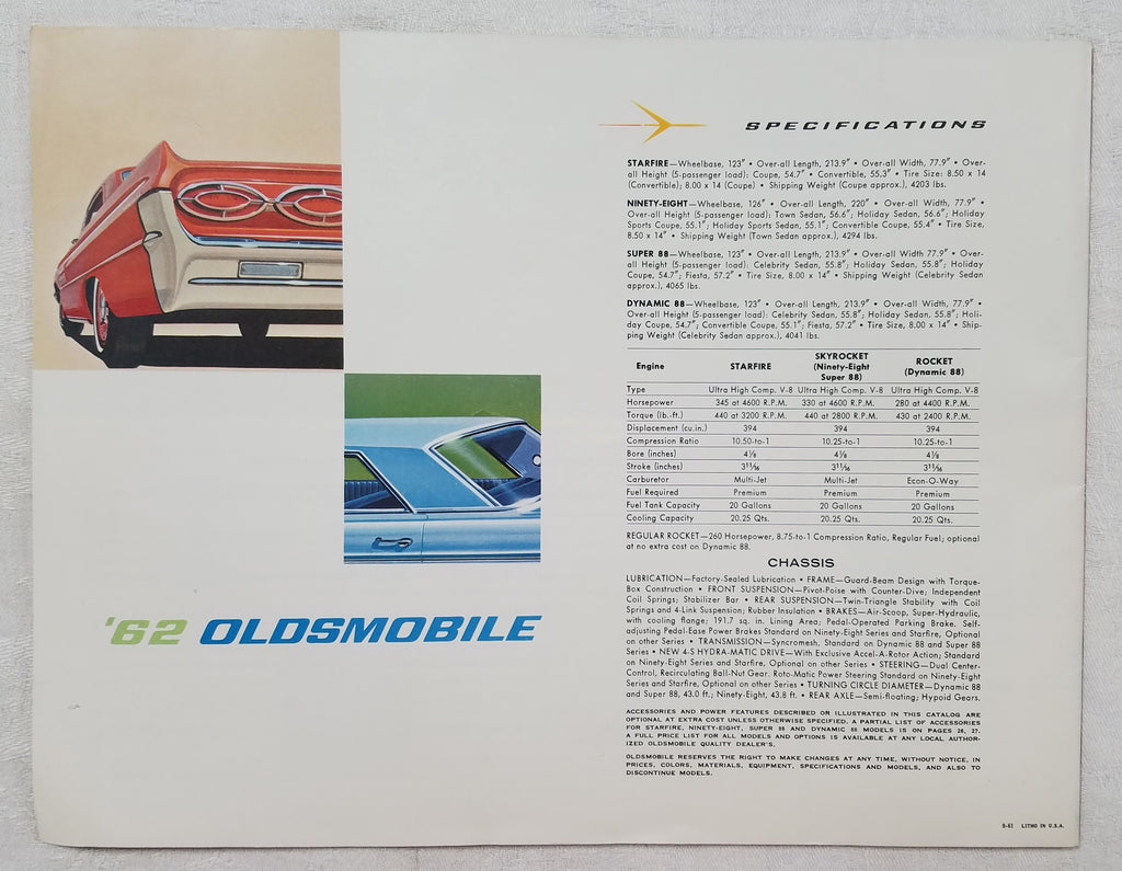 VINTAGE 1962 OLDSMOBILE DEALER BROCHURE CATALOGSTARFIREOLDS SUPER 88