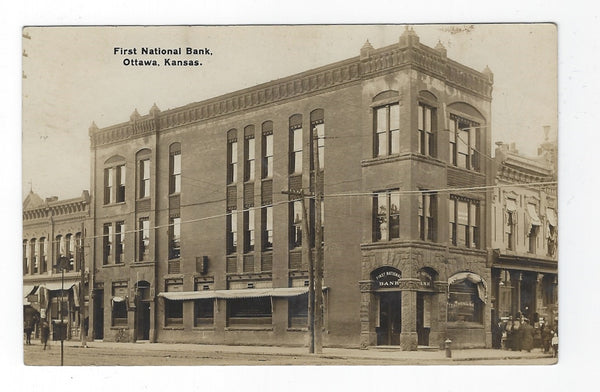ANTIQUE 1909 RPPC REAL PHOTO POSTCARD-OTTAWA KANSAS-KS FIRST NATIONAL BANK