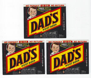 SET OF 3 VINTAGE 1970'S DAD'S ROOT BEER PAPER LABELS--12OZ BOTTLE--NEVER USED!