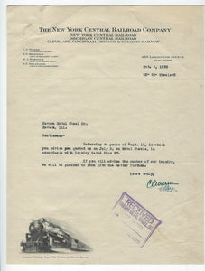 VINTAGE 1933 NEW YORK CENTRAL RAILROAD LETTER--CC WARNE SIGNED!