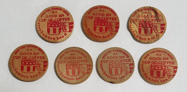 LOT OF 7 VINTAGE SAMBO RESTAURANT COFFEE WOODEN NICKEL TOKENS--2 WITH TIGER--VARIOUS US CITIES!
