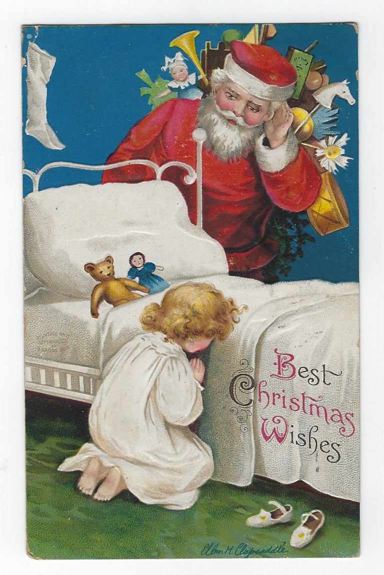 ANTIQUE 1909 EMBOSSED ELLEN CLAPSADDLE CHRISTMAS POSTCARD-SANTA WITH CHILD PRAYING-GERMANY!