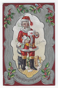 ANTIQUE EARLY 1900'S EMBOSSED CHRISTMAS POSTCARD-SANTA WITH LETTERS-BLACK CAT!