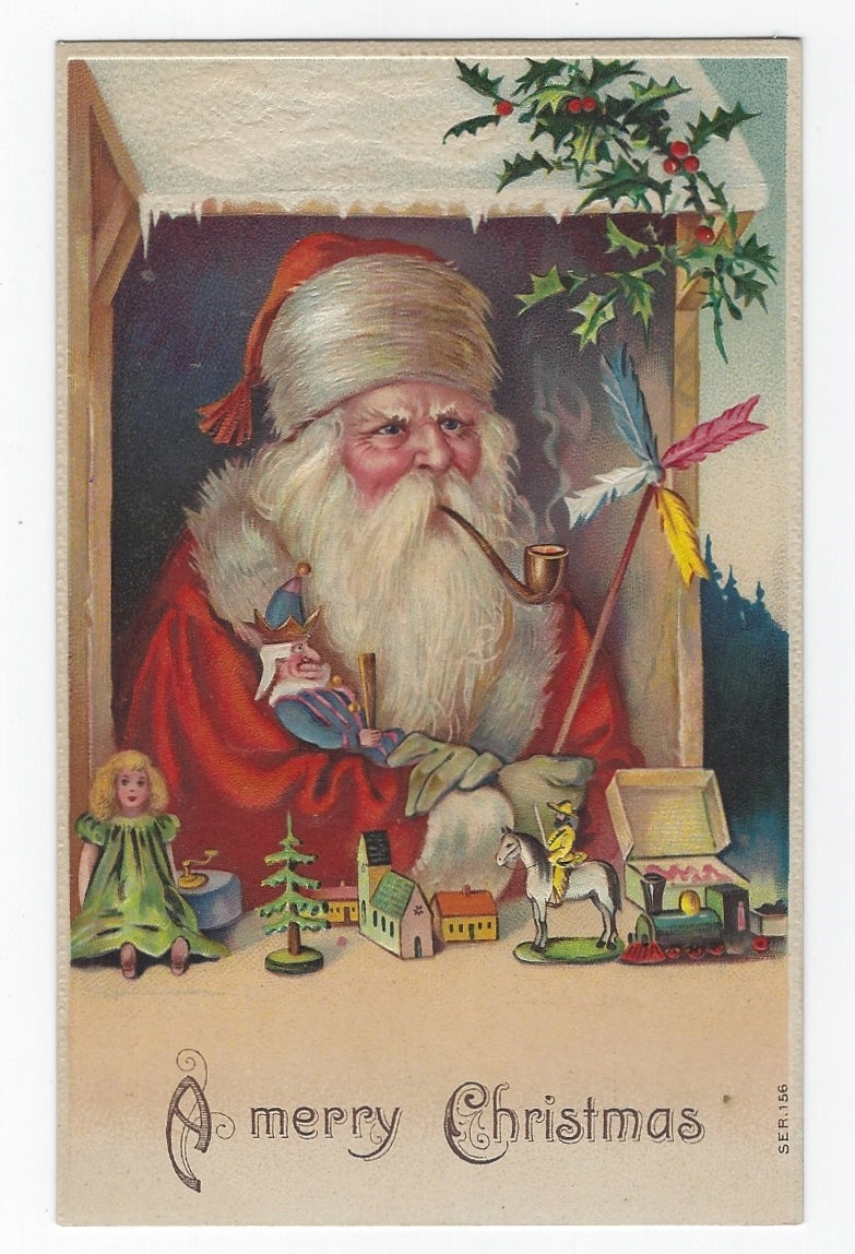ANTIQUE EARLY 1900'S EMBOSSED CHRISTMAS POSTCARD-SANTA WITH PIPE & TOYS-GERMANY!