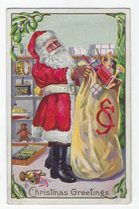 ANTIQUE 1914 EMBOSSED CHRISTMAS POSTCARD-SANTA CLAUS WITH SACK OF TOYS!