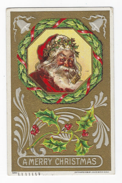 ANTIQUE 1910 EMBOSSED CHRISTMAS POSTCARD-SANTA IN WREATH SMOKING PIPE!
