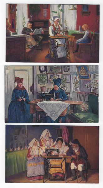SET OF 3 ANTIQUE 1914 SINGER SEWING MACHINE ADVERTISING TRADE CARDS-COUNTRIES AROUND THE WORLD!