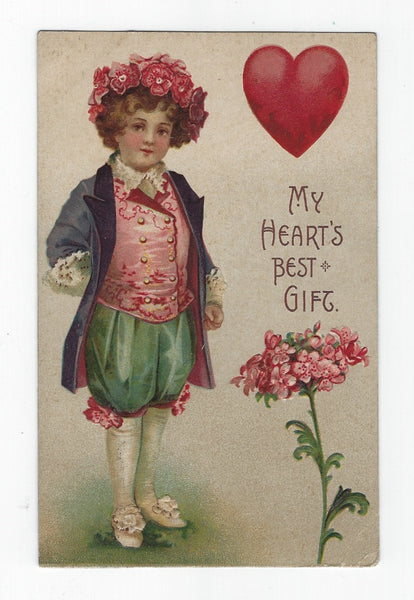 VINTAGE 1910 GERMANY EMBOSSED VALENTINE POSTCARD-VICTORIAN BOY WITH FLOWERS & HEART!