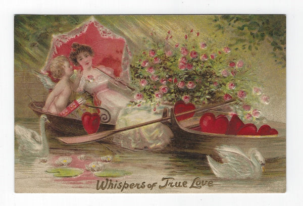 VINTAGE GERMANY EMBOSSED VALENTINE POSTCARD-CUPID WHISPERS OF TRUE LOVE-BOAT WITH HEARTS!