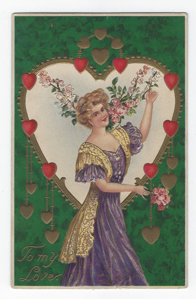 ANTIQUE EARLY 1900'S TO MY LOVE EMBOSSED GERMAN VALENTINE POSTCARD-LADY WITH HEARTS!