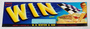 VINTAGE WIN PRODUCE CALIFORNIA FRUIT CRATE PAPER LABEL--RACING THEME--NEVER USED!